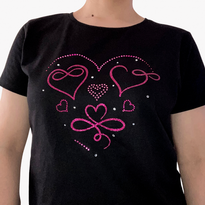 Rhinestones Crew Neck T-Shirt Heart Shapes